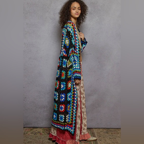 POL Boho Crochet Cardigan Turquoise & Black Granny Square Sweater - Picture 5 of 8